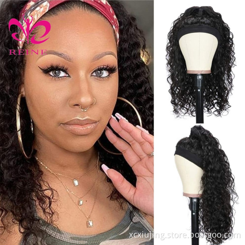 Full Cuticle Curly Headband Wigs Human Hair GlueLess None Lace 10A Virgin Peruvian Head Band double drawn human hair wigs